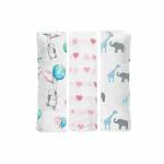 Elementary Organic Cotton Muslin Swaddle Wrappers Flying Bunny - Hearts & Animal Print Set of 3 - Pink & Blue