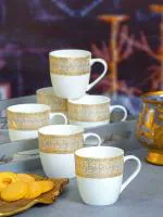 Goodhomes SONAKI Pack of 6 Bone China Coffee/Tea Cups with Gold Print SKY-M-D206-G-CHAIN (White, Cup Set)