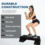 FirstFit Exercise Step Platform Aerobic Stepper Bench with Screw-Free Design Skipping Rope, Fitness Equipment Workout Deck with Adjustable Riser Height and PVC Jump Rope for Workout & Gym (Grey, Assorted Rope)Black