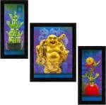 Indianara Set of 3 Laughing Buddha Framed Art Painting (1104BKa) without glass (6 X 13, 10.2 X 13, 6 X 13 INCH) Digital Reprint 13 inch x 10.2 inch Painting (With Frame, Pack of 3)