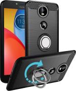 Unistuff Back Case Cover for Motorola Moto E4 Plus with Magnetic Kickstand | Premium Matte Finish | Camera Bump Protection | Rubberized Ring Cover - Night Black, 76310