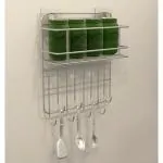 GLOXY ENTERPRISE Wall Mount Stainless Steel 1 Layer Multipurpose Kitchen Spice Jars Bottle Storage Shelf Rack with hooks to hang ladles, spoons, sauce pans & Adhesive Sticker For Kitchen & Bathroom