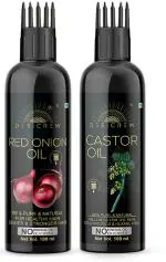 Desi Crew 100 Percent Pure Red Onion and Castor Oil with Comb Applicator Cold Pressed for Skin, Body and Hair Care 100 ml Each