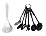 Stainless Steel Potato Masher With 6 Pcs Plastic Black Palta Set and Multicolour, Pack of 2