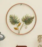 Vedas Bai Leaf Leaf Wall Hanging Decor with Round Frame, Gold Metal Wall Art for Living Room, Office, Home, Hotel (18 inch * 18 inch)