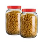 Piramal Glass Round Shape Clear Jars and Containers for Kitchen Pantry, Snacks, Masala, Pickles, Dry Fruits, and Coffee Beans Storage with Red Color Plastic Lid (Aahar Jar) (2KG, Set Of 2)