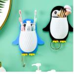 QinPin Wall-Mount Self-Adhesive Penguin Toothbrush Holder Kids Bathroom Organizer Pack of 2