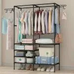 ADA Premium High Density Metal Garment Rack with 4 Side Hooks | Hanging Clothes Organizers with 4 -Tier Lower Storage Shelves | Heavy Duty Open Wardrobe Rack, Multifunctional Clothes Rack, Black