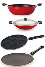 Nirlon 4 pcs of Red, Black Gas Stove Friendly Pot and Pans Cookware Combo Set Standard