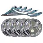 SHINI LIFESTYLE Bhojan Thal, 4 column, Steel Plate ,Thali Sectioned Plate 6pc with Spoon Set