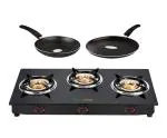 Greenchef Alpha Gas stove combo - 3 Burner Gas Stove + Flat Tawa 250mm + Fry Pan 240mm