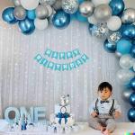 ELDERWAND birthday decoration items for boy includes white tulle net curtain for birthday decoration items for boy 1 year with Metallic Dark Blue, Silver, White & pastel blue Balloon, Fairy LED lights - 66 items