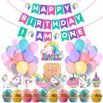 Zyozique Unicorn 1st Birthday Decorations for Girls -38 Pcs Unicorn Party Supplies Kit Included -Cake Topper, Happy Birthday Banner,I Am One Banner ,Cup Cake Topper & Pastel Balloons