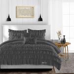 SGI Bedding Queen Size Duvet Covers Egyptian Cotton 600 Thread Count Ultra Soft, Breathable 3Pcs Set Dark Grey Multi Ruffle with Zipper Closure & Four Corner Ties