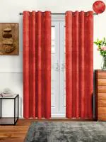 Cortina Plain Velvet Room Darkning Door Curtain (Red) With Eyelet-(7Ft)