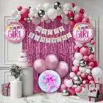 SPECIALYOU.IN Pink Theme Birthday Decoration Items for Baby Girl with Pink, White & Metallic Silver Balloons with Baby girl balloon set & pink fringe foil curtain for backdrop for photography- 66 Items