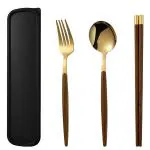 Hasthip Gold Travel Utensils With Case, Fork Spoon Handle Design, Chopsticks (Pack Of 3)