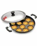 Tosaa Aluminium 12 Cavity Appam Patra Paniyarakkal Two Side Handle with Steel lid & Wooden Picker, ( 23 cm, Black)