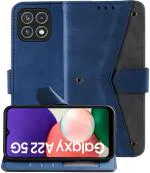Autofocus Faux Leather Back Case Flip Cover for Samsung Galaxy A22 5G, Samsung A22 5G with ID Card Slot | Foldable Stand | 2 Card Slot | 1 Cash Slot | Magnetic Closure - Executive Blue, 23828