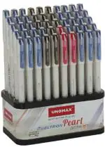 UNOMAX Geltron Pearl Gel Fine Pen - Pack of 50 Pens (35 Blue, 12 Black and 3 Red) | Water Proof Ink | White Body