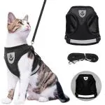 QpetsCat Harness for Small Dogs, Adjustable Cat Belt with Safety Reflective Strip, Breathable Mesh Fabric Cat Accessories, Cat Vest Harness with Cat Leash (Black, Suitable for 1-2.5 kg)