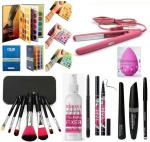 Bingeable 3 in 1 Black Eye Makeup Kit with Brushes and Fixer Spray, Blender Puff and 60 Color Book and Straightener (Set of 8)