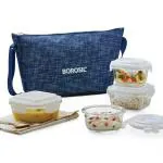 Borosil Indigo Blue Universal Borosilicate Glass Lunch Box Set of 4 (320 x 2 Square + 240 ml x 2 Round) With Lunch Bag, Lunchbox For Office & College, Microwave Safe, Leak Proof