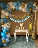 Specialyou.in DIY 1st birthday decoration item for boys with balloon kit, 1 no. foil balloon. happy birthday banner and monthly banner party props combo for kids pack of 72 Items