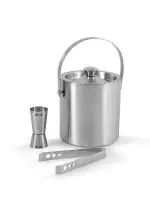 Finality Silver Stainless Steel Ice Bucket With Tongs And Peg Measurer (Combo Of 3)