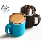 KATHIYAWADI Set Of 2 Happy Time Stylish Coffee / Tea / Milk Mug Plastic with Insulated Stainless Steel Inner Mug Cup with Handle, Portable & Easy Clean for Kids & Adult