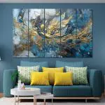 Random Golden & Blue Abstract Art Canvas Painting Set Of 5 For Living Room, Bedroom & Office, wall décor & Wall Art