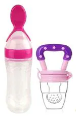 ShopiMoz Bpa-Free Soft Silicone Sipper Juice Milk Rice Spoon Feeding Bottle with Fruit Nibbler Combo Set for Newborn Baby Infants
