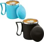 Saule Black And Blue Plastic, Stainless Steel Coffee Mug With Lid 300 ml (Pack Of 2)