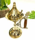 ZS Impex Brass Home Purifying Hand Loban Incense Burner, with Wooden Handle, Dhoop Dhuni Burner Sambrani Dhoop, Resin & Home (No. 6) (Big)
