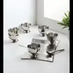 CLLEORA Stainless Steel Lotus Design Dessert Ice Cream Cups with Spoon | 6 Psc Bowl Set | Silver | Serving Bowl for Ice Cream/Fruits/Pudding Gift Article