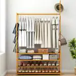 ADA Premium Natural Bamboo Clothe Hanging Rack with 4 Storage Shelf & 6 Side Hook for Hanging Clothes in Laundry, Bedroom & Bathroom - Size (77.5 x 29 x 177cm)