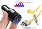 UniBoss 38 W Qualcomm Certified Turbo Car Charger (Black, Yellow, With USB Cable)