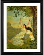 DECOR ADVENTURES Mohini on a Swing by Raja Ravi Varma Wall Painting - 14x18 inch