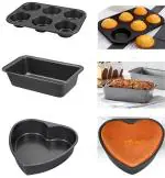 RefineMart Cake Mould Combo I Round Shape Cake Mould,Bread Loaf Pan, and 6 Slot Cup Cake Muffin Tray I Cake Baking Set for Microwave Oven OTG, Cooker | Cake Making Set - Black, Carbon Steel