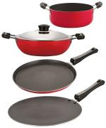 Nirlon 4 pcs of Red, Black 3 Layer Non-stick Aluminium Coated Kitchenware Essential Combo Set with Bakelite Handle Standard