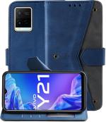 Autofocus Faux Leather Back Case Flip Cover for Vivo Y21, Vivo Y21 2021 with ID Card Slot | Foldable Stand | 2 Card Slot | 1 Cash Slot | Magnetic Closure - Executive Blue, 23004