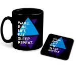 Whats Your Kick Running Theme Wake Tun Lift Eat Sleep Repeat Printed Black Ceramic Coffee Mug with Coaster Tea Mug 325ml