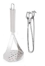 Stainless Steel Potato Masher With Stainless Steel Wire Pakkad Tongs and Multicolour, Pack of 2