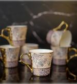 Femora Aesthetic Beige Moroccan Pattern Gold Ceramic Coffee Tea Mugs & Cups, (180 ml, Golden) - 6 Pcs Set (NOT Microwave Safe)