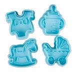 Husaini Mart Plastic Blue Baby Buggy Clothes Rocking Horse Milk Bottle Shape Fondant Cake Decorating Cookie Biscuit Plunger Cutter Mould Tools (Pack Of 4)