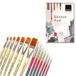 KAMAL Durable and 140 GSM Flat Handle and Round Hog Paint Brush Set with A3 Sketch Pad