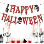 Festiko Happy Halloween Banner, Scary Halloween Bunting, Glitter Halloween Garland With Skull, Skeleton Hands, Spooky Halloween Decorations Banners, Red, Black