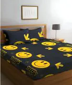 JDX BedSheet | Cotton Feel Glace Cotton Elastic Fitted Smiley Print Double Bed Bedsheet with 2 Pillow Covers (72