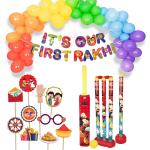 Festiko Set of 37 Pcs It's Our First Rakhi Combo (Banner, Balloons, Photobooth Props, Cricket Set Toy MM), Raksha Bandhan Decoration Combo