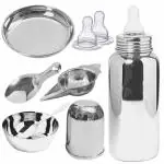PGD Plain Silver Stainless Steel Baby Feeding Bottle with Feeder, Bowl, Idly Spoon, Spoon, Plate with 2 Silicon Nipple (0-24 months) - 250 ml
